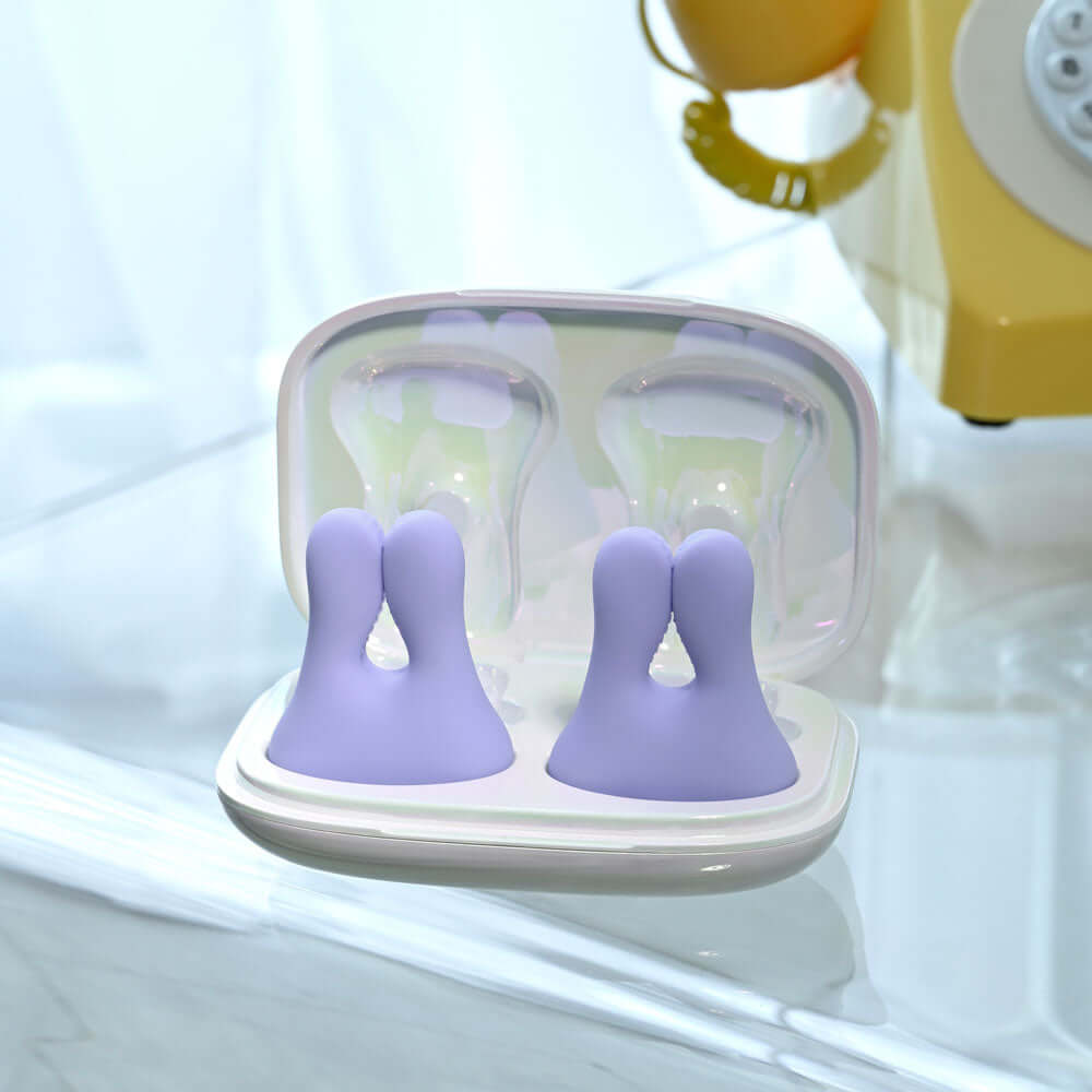 Playboy Pleasure IN A PINCH - Purple Rechargeable Vibrating Nipple Clamps with Charging Carry Case